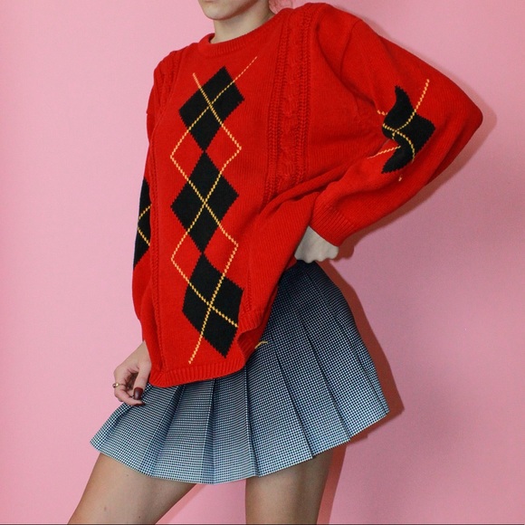 VTG 80s/90s Jantzen Red/Black Argyle Chunky Knit Crewneck Fisherman Sweater - Picture 3 of 12